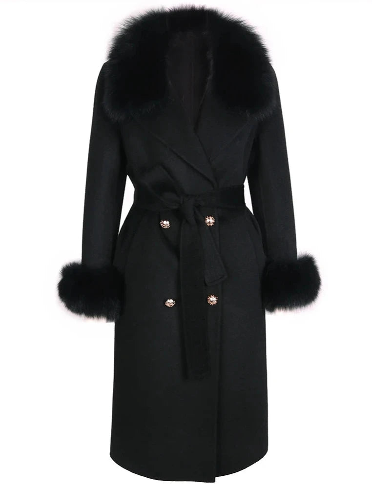 Woolen trench Coat with Fox Fur Collar