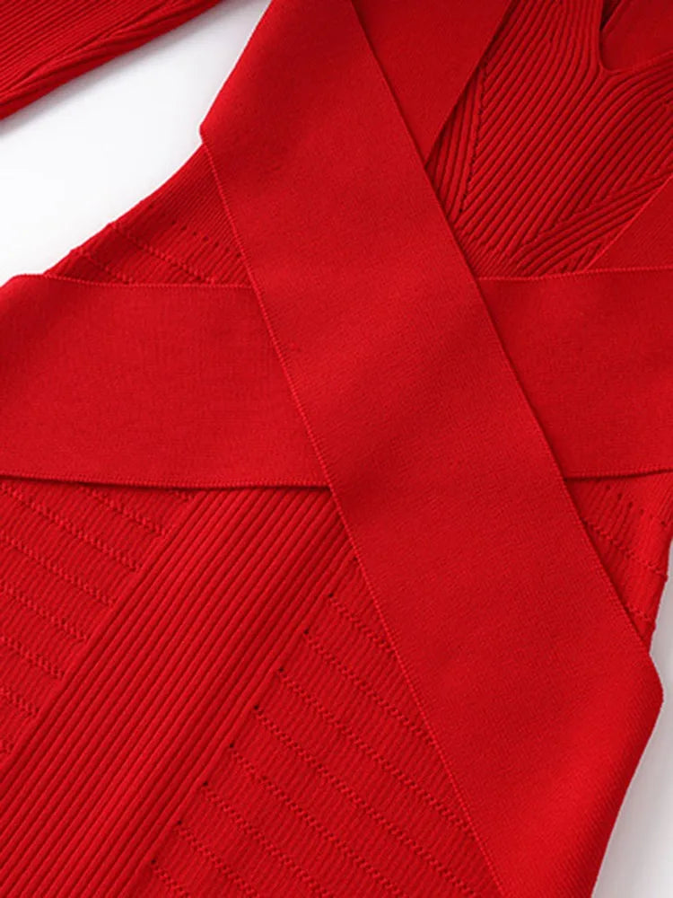 Knitting Red Dress with V Neck