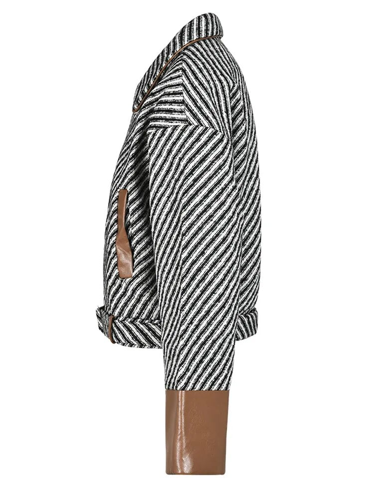 Striped Woolen Short Coat with Pu Leather touch