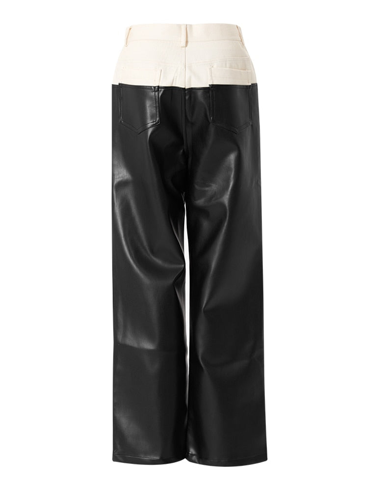 Denim Pu Leather Color-Block Pants