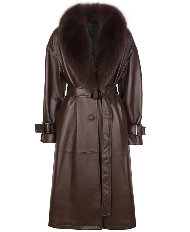 Brown Fox Fur Collar Leather Trench Coat