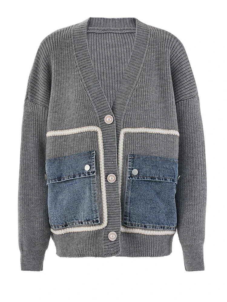 Knitting Cardigan Sweater with Denim Pocket