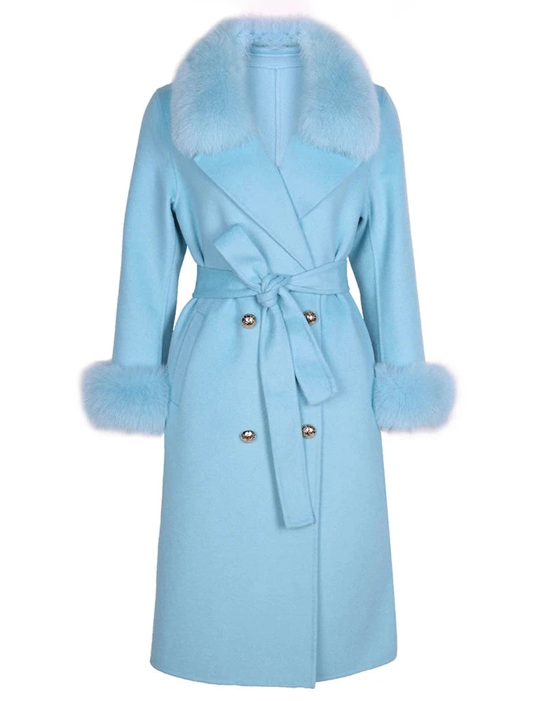 Woolen trench Coat with Fox Fur Collar