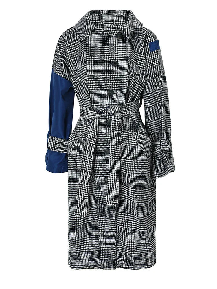 Plaid Woolen Coat with Blue Sleeve