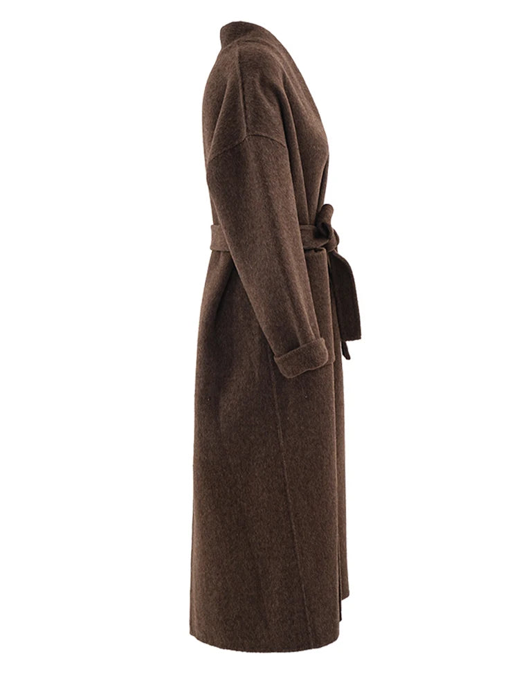 Belted Long Thick Woolen Coat