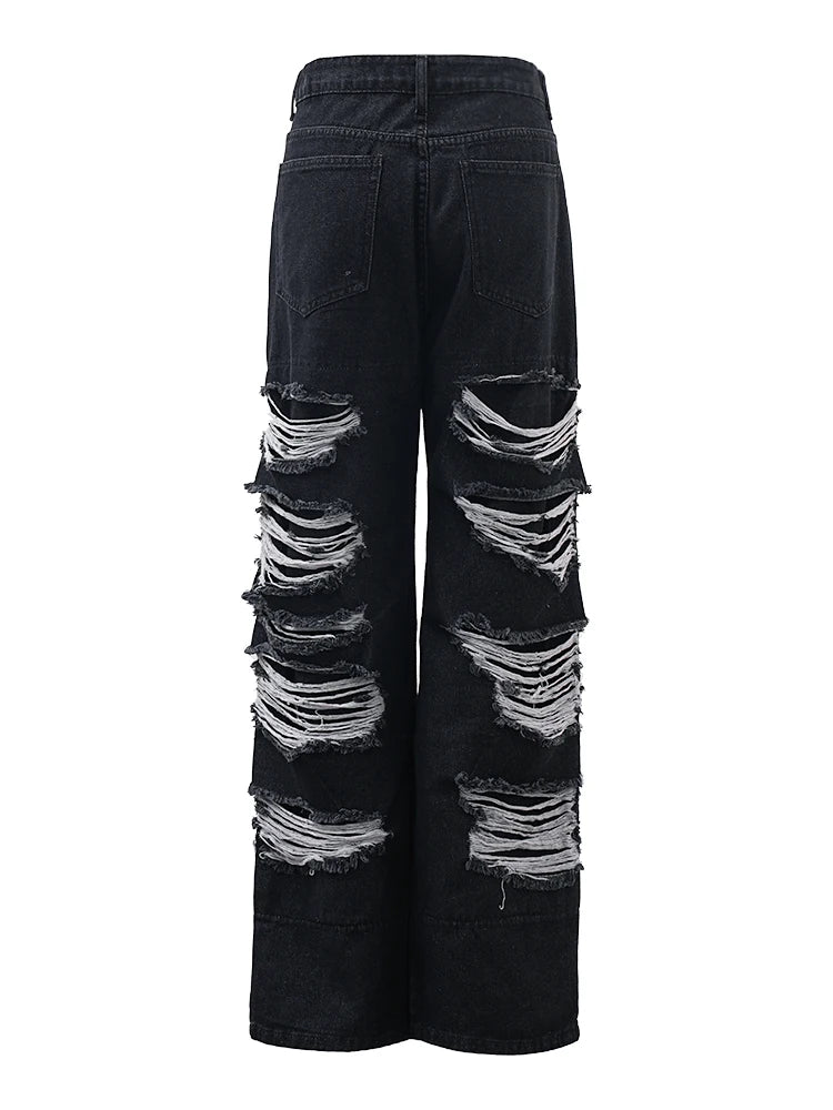 Hole Tassel High Waist Dark Blue Denim Pants