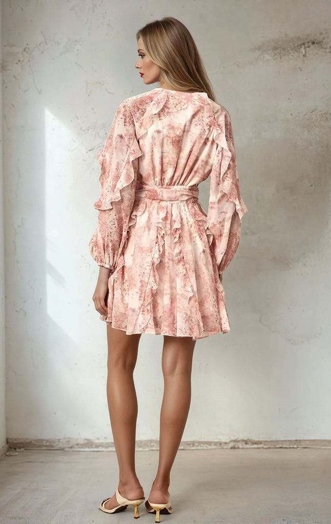 Elegant Ruffles Mini Dress with Lantern Sleeve