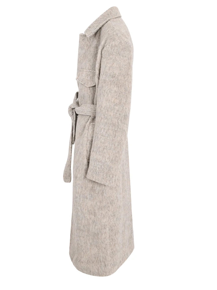 Elegant Belted Big Size Long Woolen Coat