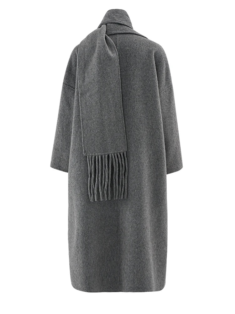 Big Size Long Woolen Coat With Scarf