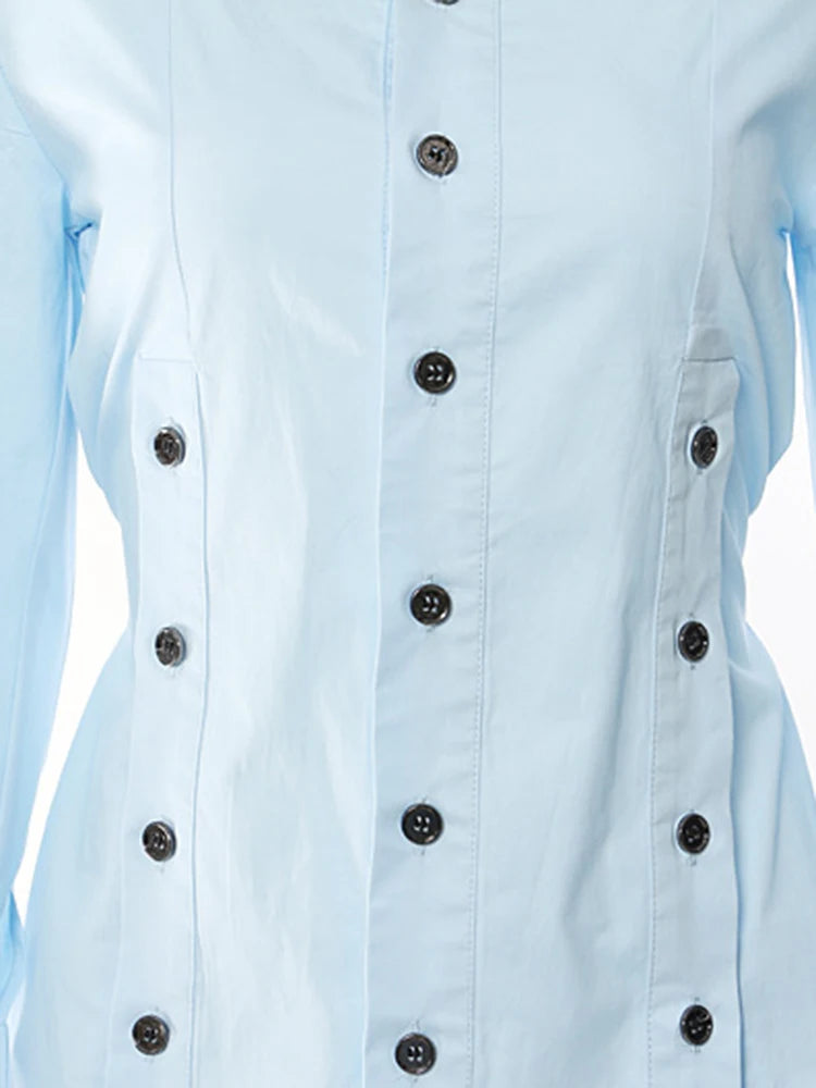 Blue Button Blouse with Square Collar