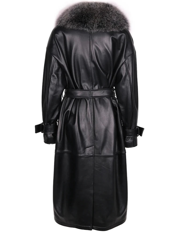 Black Fox Fur Collar Leather Trench Coat