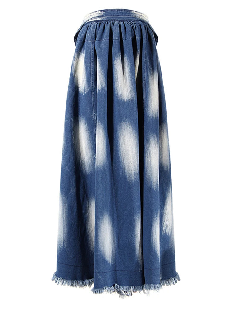 Blue Tie Dye UNUSUAL Tassels A-line Half-body Skirt