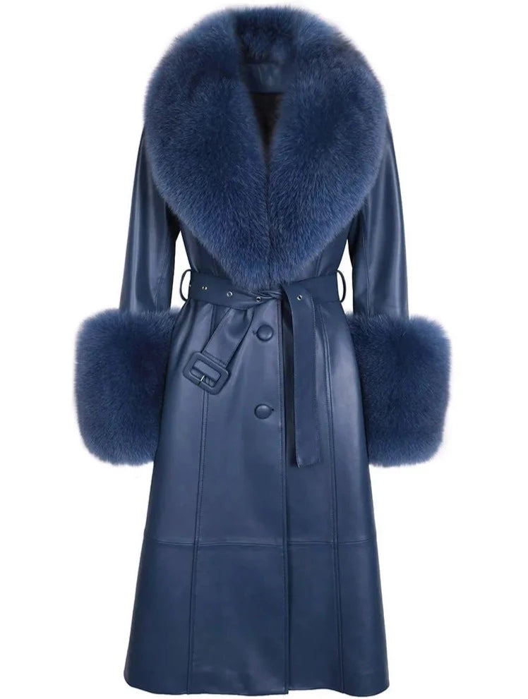 Long Real Leather Trench Coat with Real Fox Fur Collar