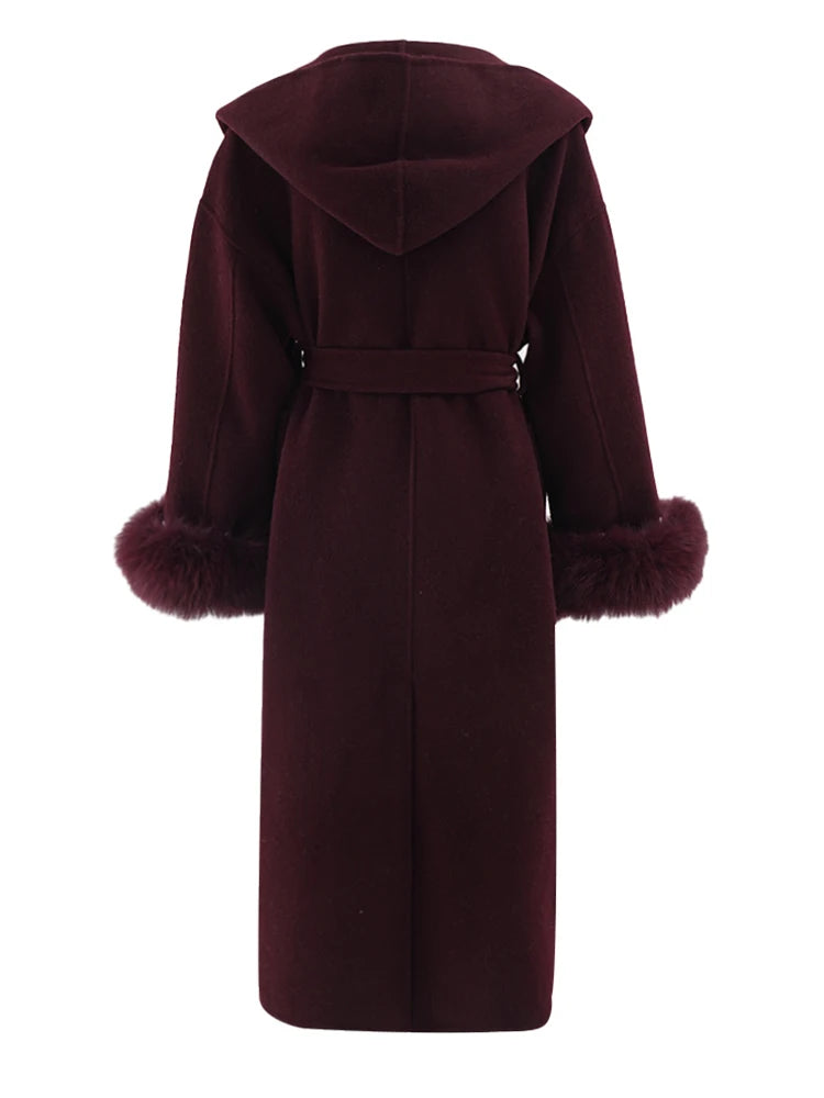 Big Size Long Woolen Coat with Fur Cuff