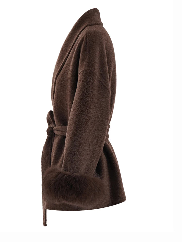 Big Size Long Woolen Coat with Fur Cuff