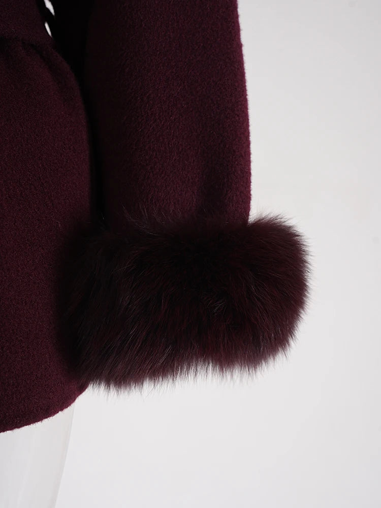 Big Size Long Woolen Coat with Fur Cuff