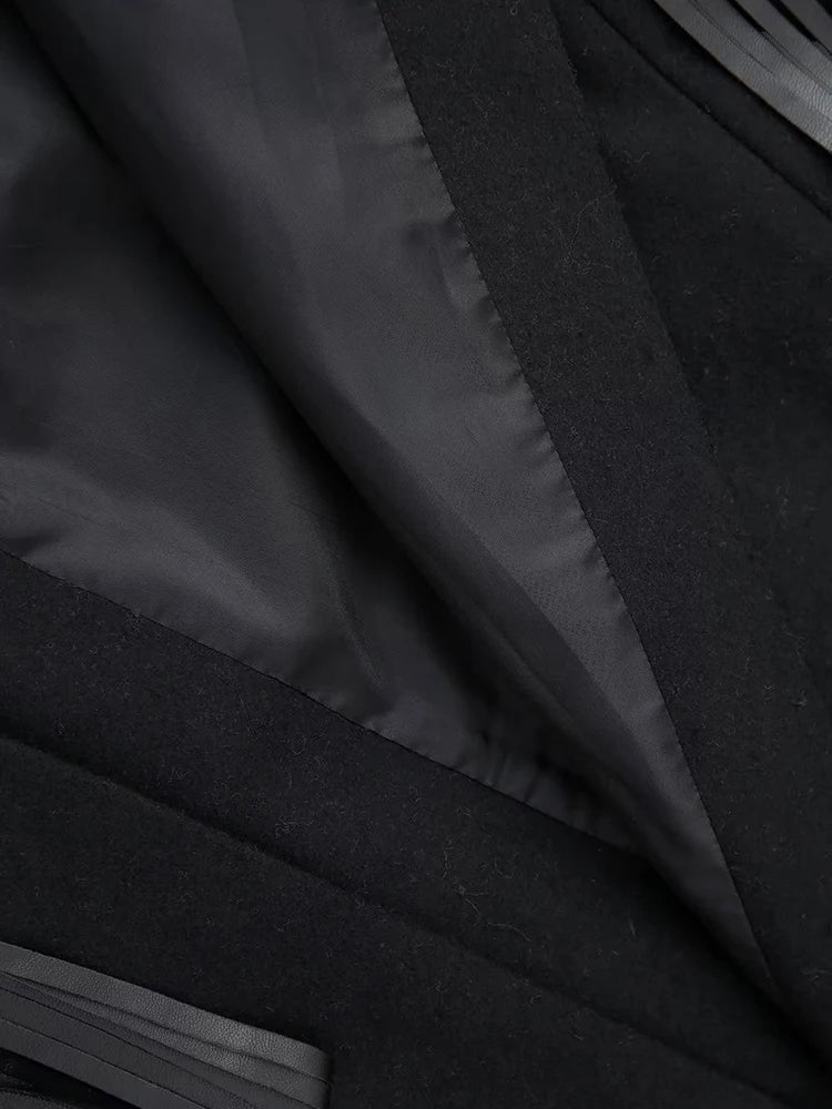 Black Woolen Coat with Leather Tassel