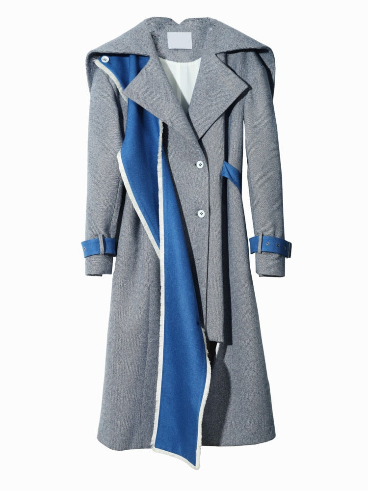 Gray UNUSUAL Color-block Woolen Coat with Attached Scarf