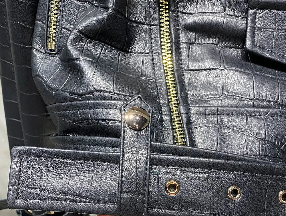 Croc Pattern Real Leather Biker Shiny Jacket