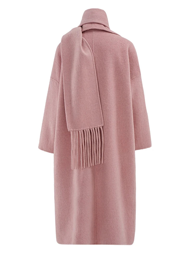 Big Size Long Woolen Coat With Scarf