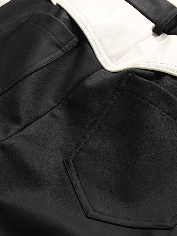 Black Color-block Pu Leather Pants