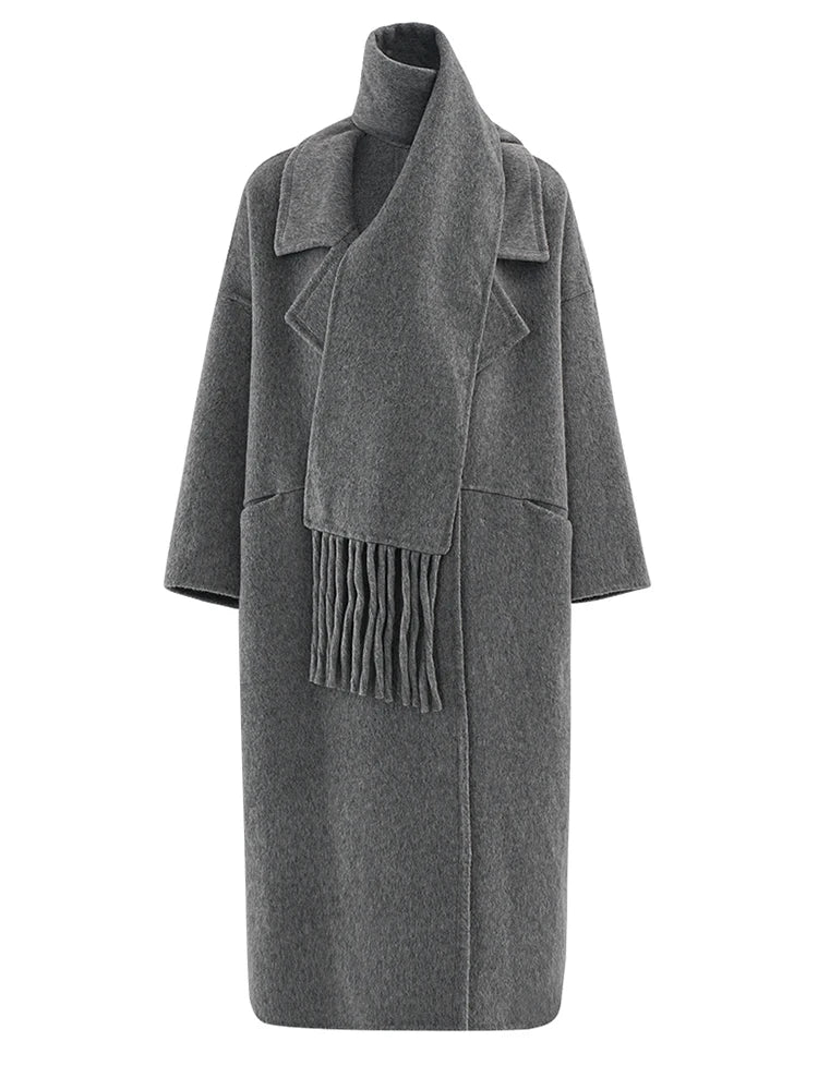 Big Size Long Woolen Coat With Scarf