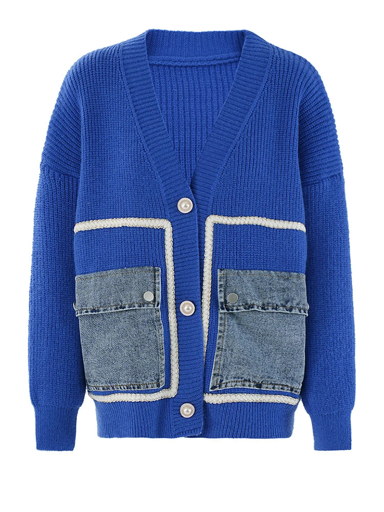 Knitting Cardigan Sweater with Denim Pocket