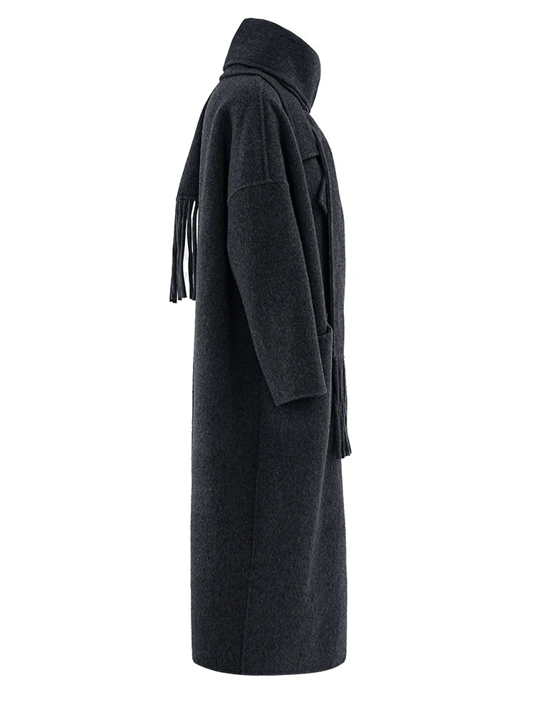 Big Size Long Woolen Coat With Scarf