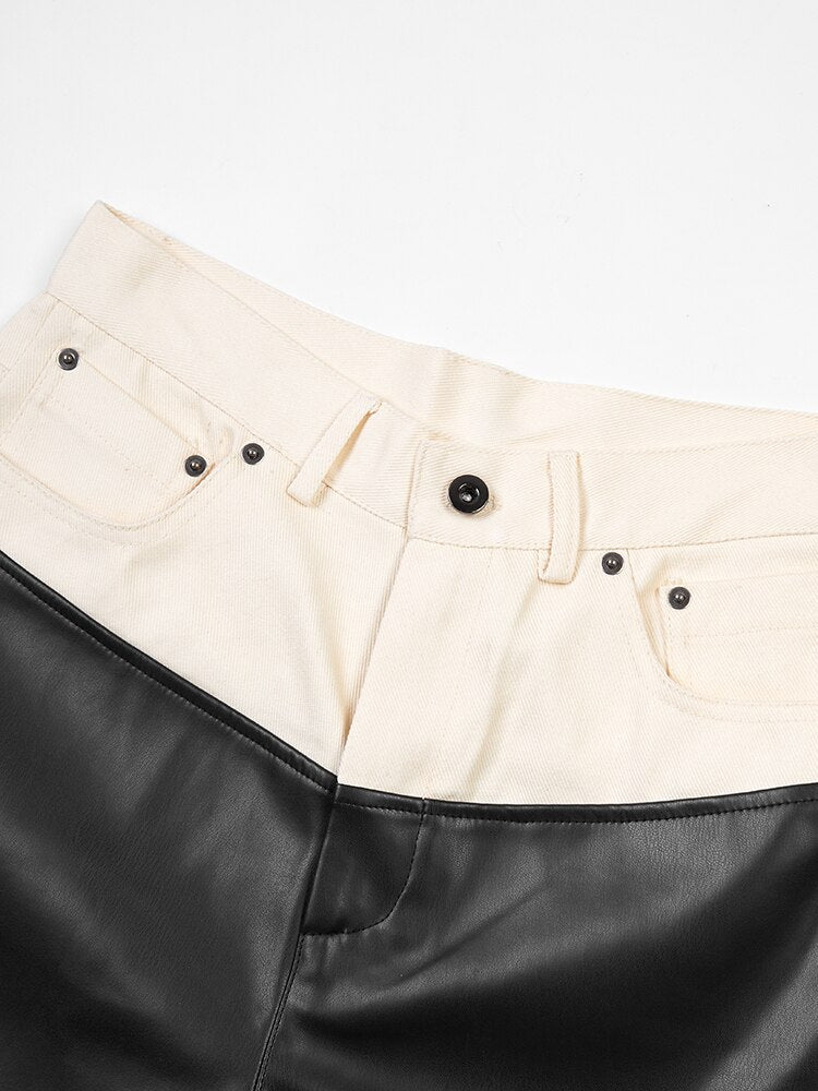 Denim Pu Leather Color-Block Pants