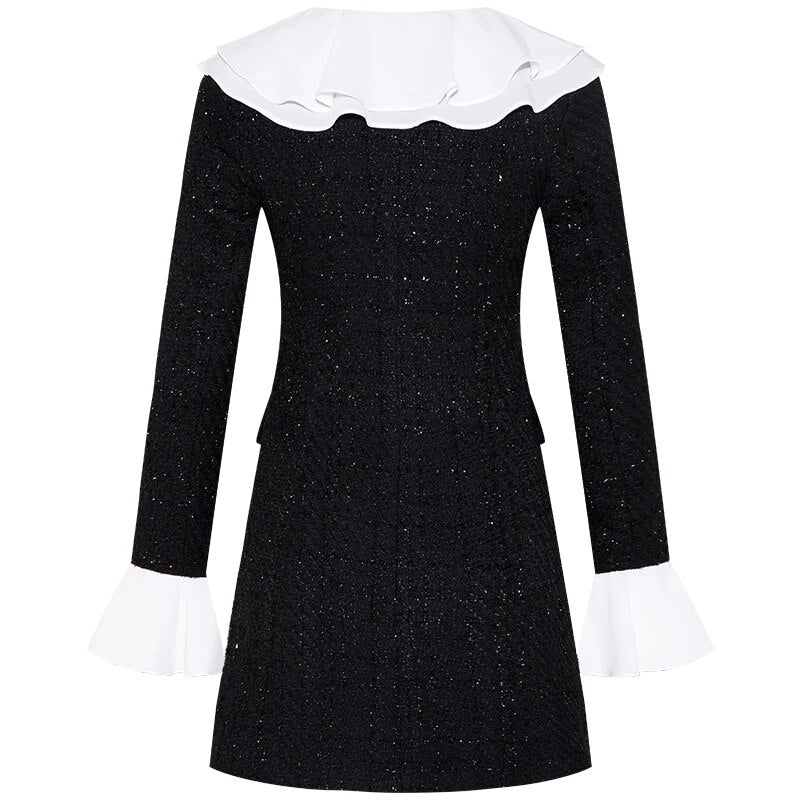 Tweed Black Mini Dress with White Ruffles Collar