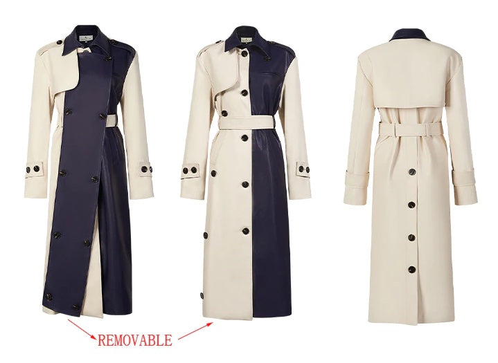 Beige/Navy Blue trench coat with one removable piece  -