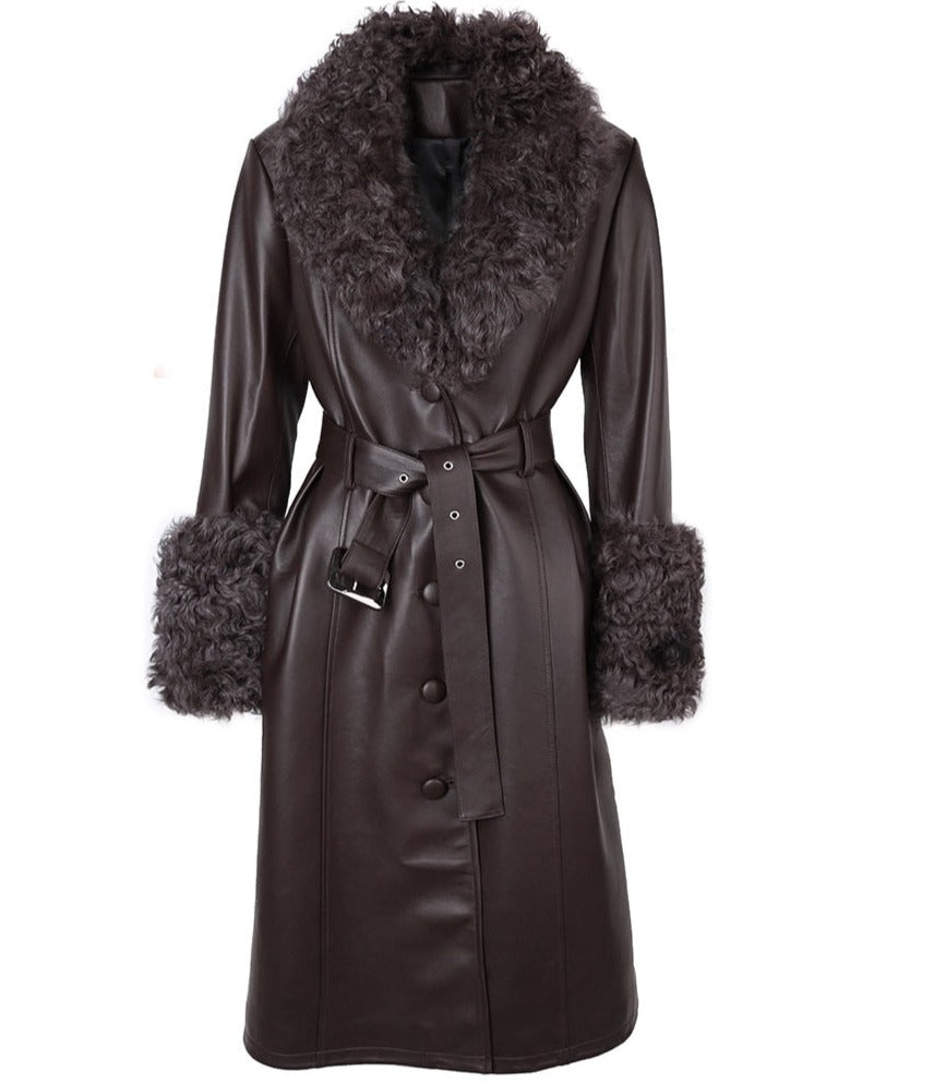 Real Leather Trench Coat With Real Lamb Fur Collar
