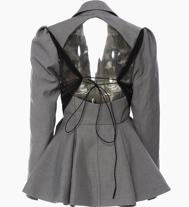 Gray with  Mesh Ruffles Back Blazer for UNUSUAL Winter