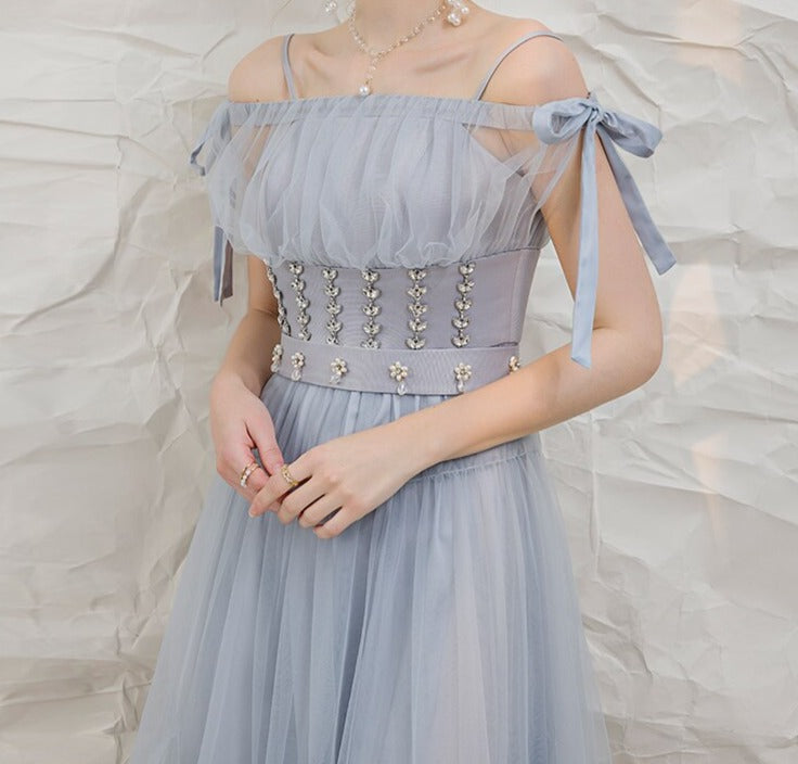 Blue Maxi Dress Elegant with Diamonds belt- New