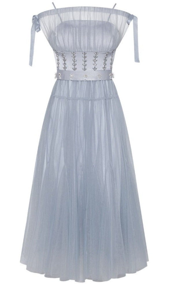 Blue Maxi Dress Elegant with Diamonds belt- New