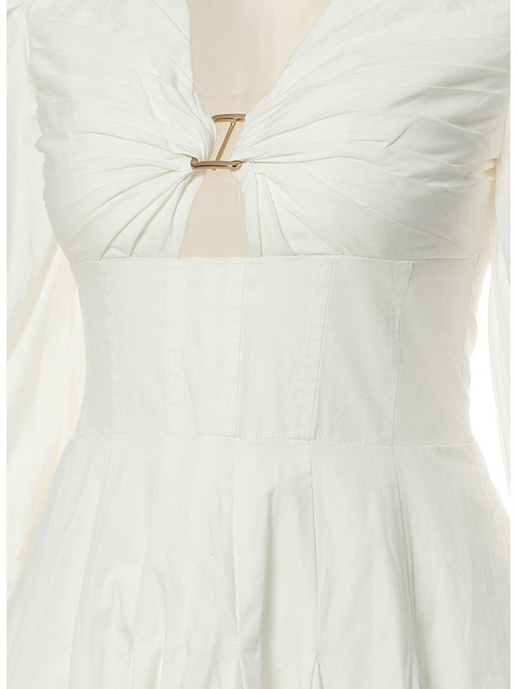 Hollow Out White Dress with Puff Sleeve