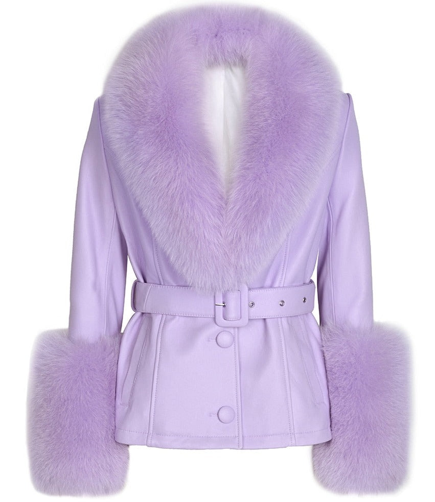 Real Leather Jacket With Fox Fur Collar (Purple) for UNUSUAL Winter