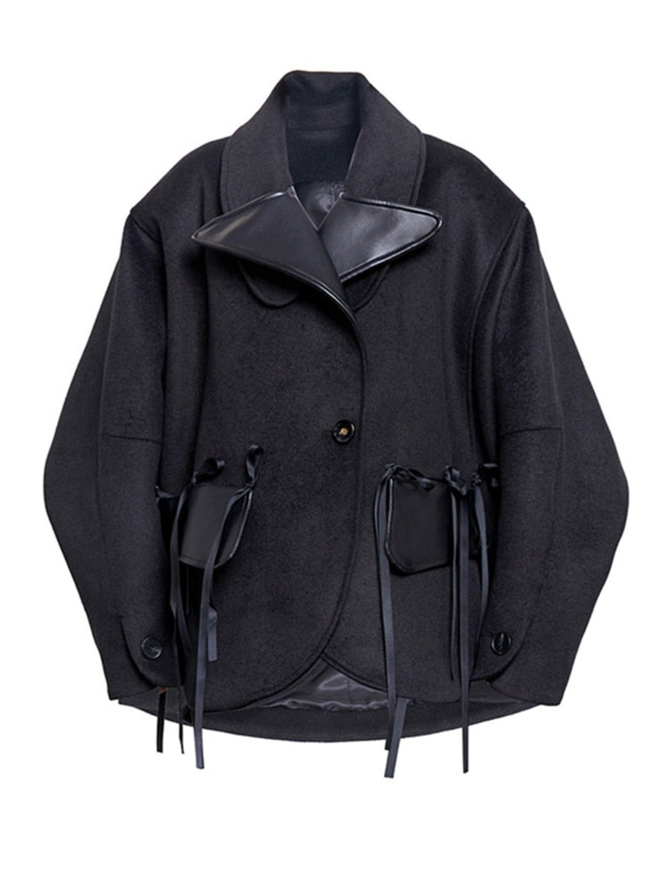 Black Leather Woolen Coat