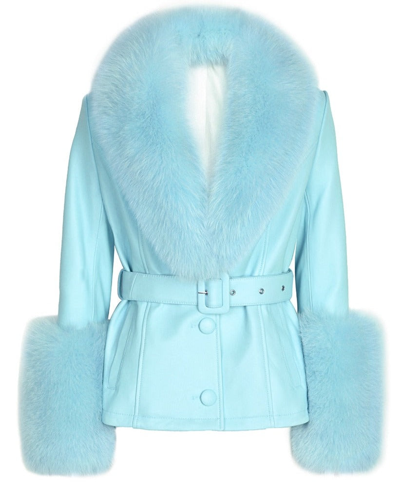 Real Leather Jacket With Fox Fur Collar (Light Blue)