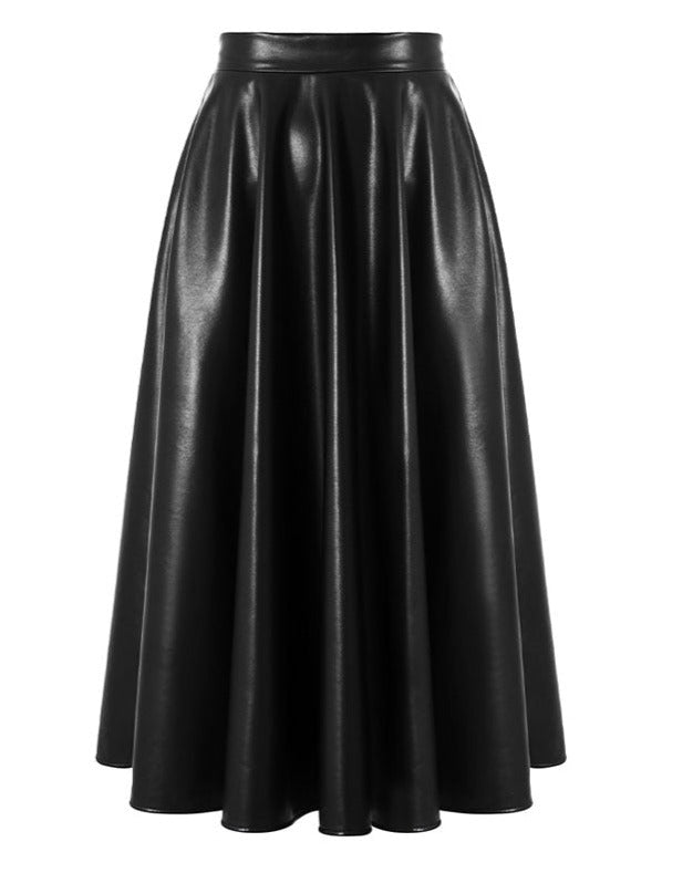 Pleated Leather (PU) High Waist Midi Skirt