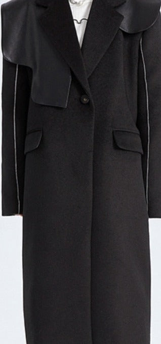 Black Woolen Coat with leather touch