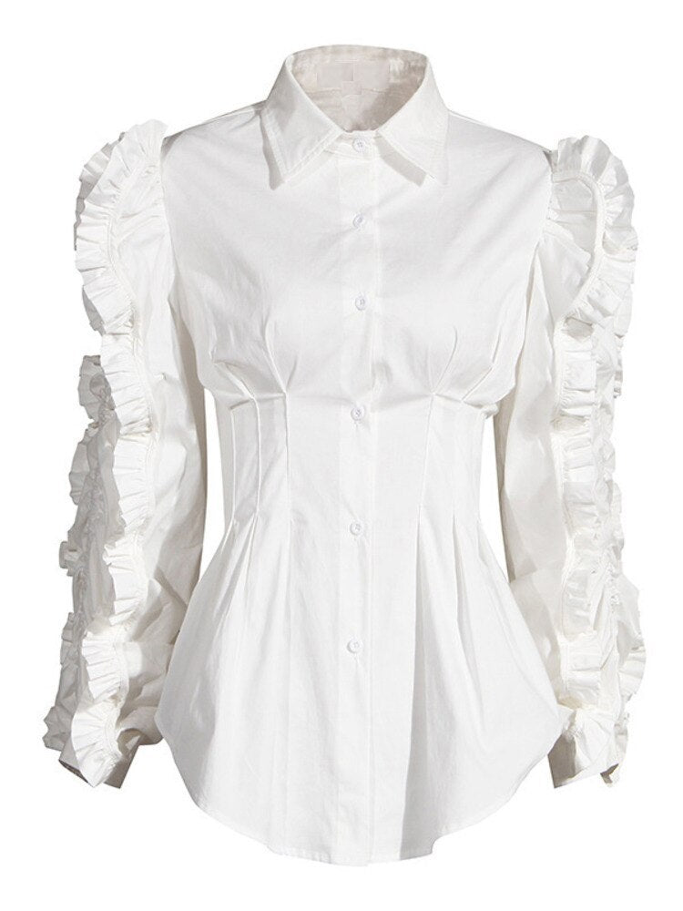 White Blouse with Puff and Ruffle Sleeve