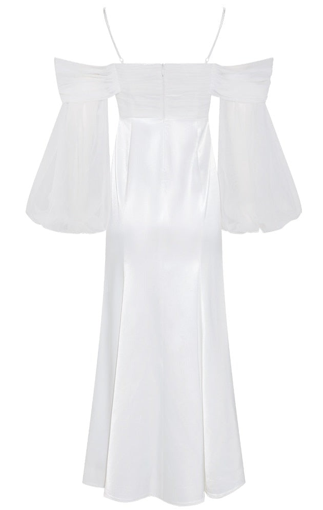 White Satin Maxi Dress with Removable Sleeve - New