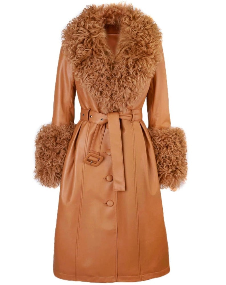 Real Leather Trench Coat With Real Lamb Fur Collar
