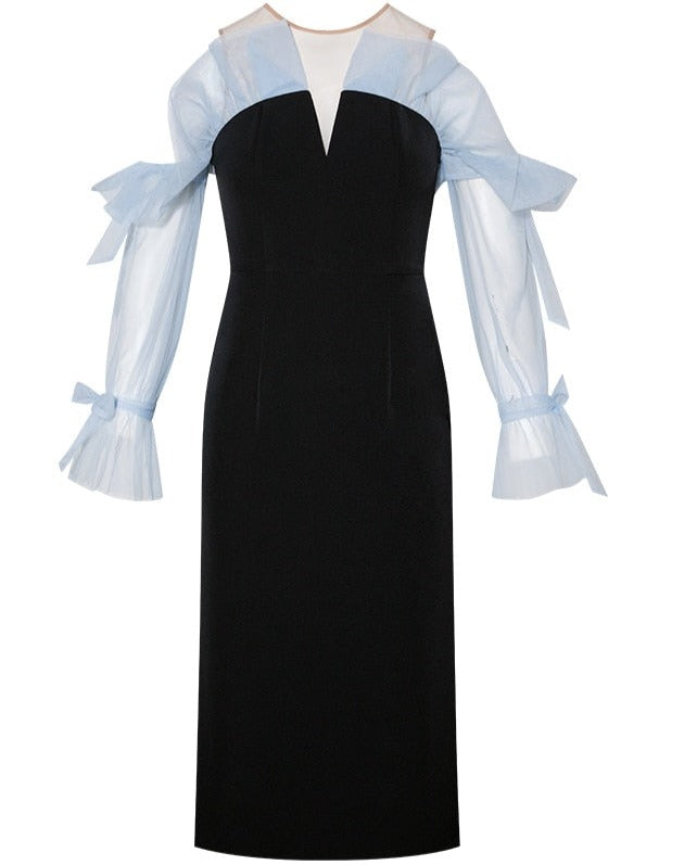 Black Mini Dress with blue chiffon ruffles sleeves