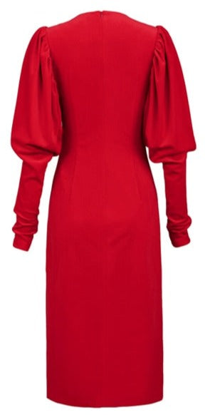 Velour Red Dress with Puff Sleeves