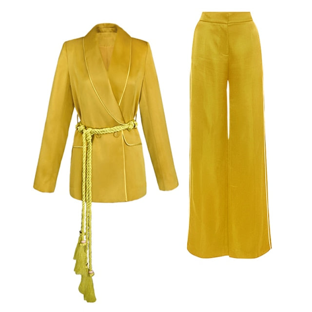 Satin Blazer And Wide Leg Pants Two Pieces Sets