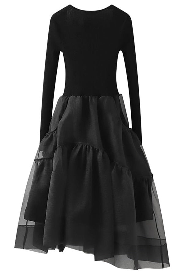 Black Knitted Chiffon Midi Dress- New