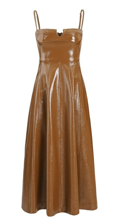 Elegant Brown Leather Midi Dress