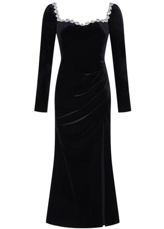 Elegant Black Velvet Midi Dress